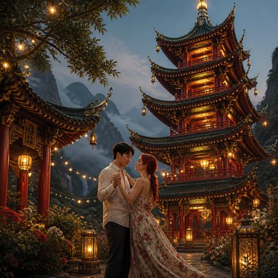 an original couple dancing under string lights in a garden at dusk: a man with short black hair in a linen shirt and a woman with braided red hair in a summer dress