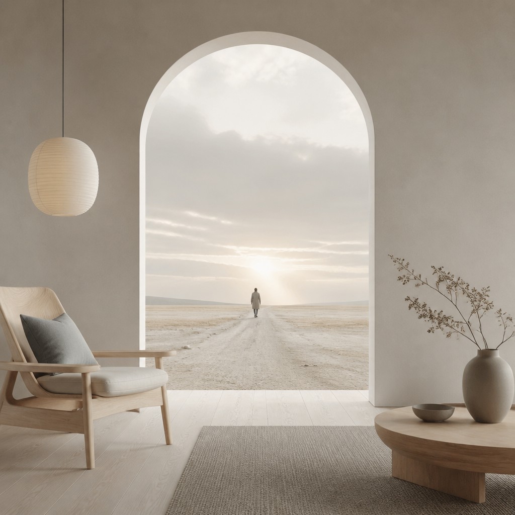 a solitary figure walking toward a glowing horizon across an empty plain, moody atmosphere, no text or lettering