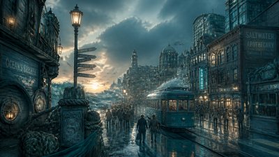 bustling city street panorama at dusk