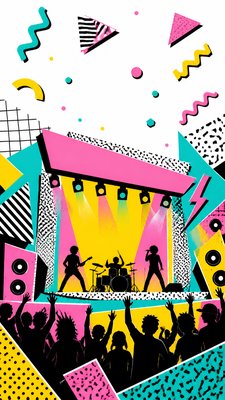 a live music scene with a glowing stage and silhouetted crowd, energetic vertical composition with open space at the top, no text