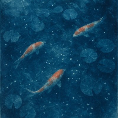 A koi pond seen from above, orange and white koi fish swimming among lily pads, clear water with subtle ripples, fallen cherry blossom petals floating on the surface, dappled sunlight