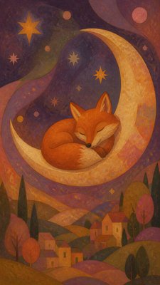 a sleeping baby fox curled on a crescent moon among soft stars, gentle and warm, no text