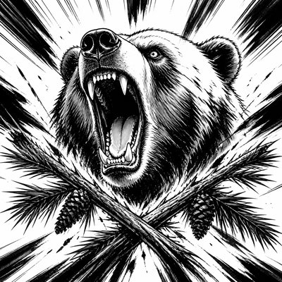 a roaring bear head above crossed pine branches, bold graphic composition on a plain background, no text