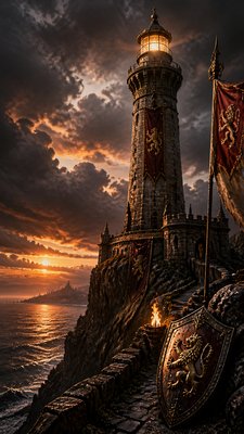 a lone lighthouse on a cliff at dusk under a dramatic sky, no text or lettering