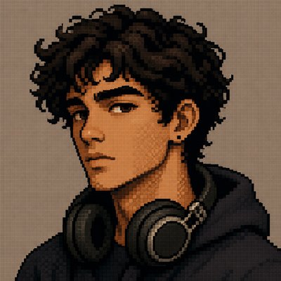 head-and-shoulders portrait of an original character: a young man with curly dark hair and headphones around his neck, plain backdrop, no text