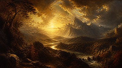 a vast valley with a river winding toward distant mountains at sunrise, no people, no text
