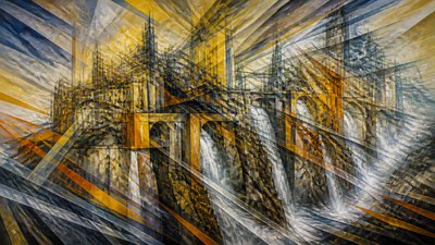 a cliffside city with waterfalls cascading into a misty canyon, wide establishing shot, no people, no text