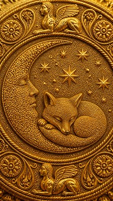 a sleeping baby fox curled on a crescent moon among soft stars, gentle and warm, no text