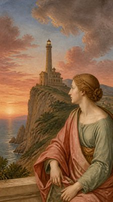 a lone lighthouse on a cliff at dusk under a dramatic sky, no text or lettering