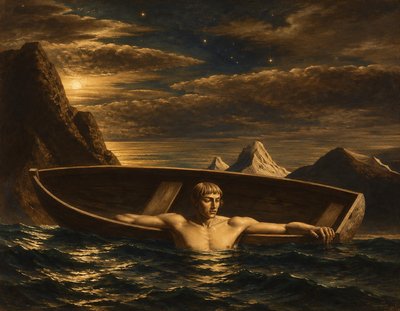 a painting of a man in a boat in the water