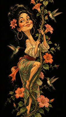 a climbing vine of flowers and hummingbirds on a dark background, tall wrapping composition, no text
