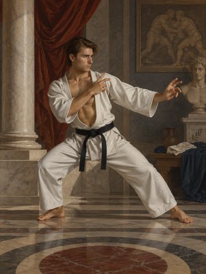 a man standing in a room with a black belt