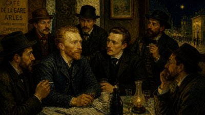 Vincent and Theo Van Gogh at a night cafe in Arles
