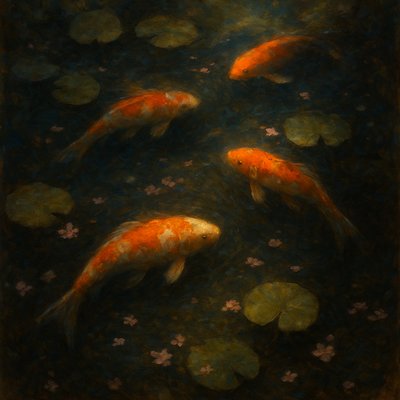 A koi pond seen from above, orange and white koi fish swimming among lily pads, clear water with subtle ripples, fallen cherry blossom petals floating on the surface, dappled sunlight