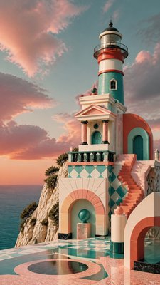 a lone lighthouse on a cliff at dusk under a dramatic sky, no text or lettering