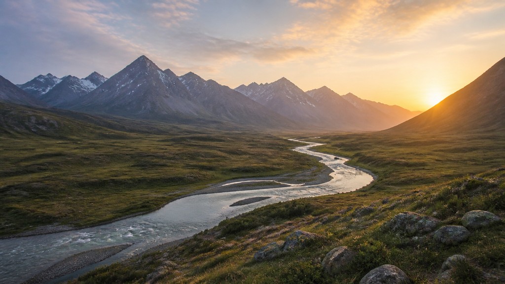 a vast valley with a river winding toward distant mountains at sunrise, no people, no text