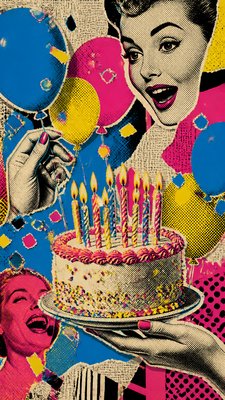 a birthday cake with lit candles surrounded by balloons and confetti, festive vertical composition, no text