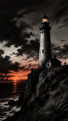 a lone lighthouse on a cliff at dusk under a dramatic sky, no text or lettering
