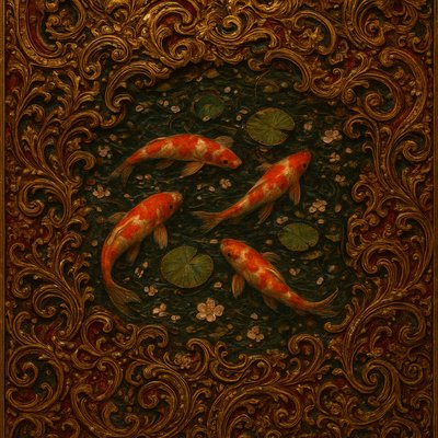 A koi pond seen from above, orange and white koi fish swimming among lily pads, clear water with subtle ripples, fallen cherry blossom petals floating on the surface, dappled sunlight