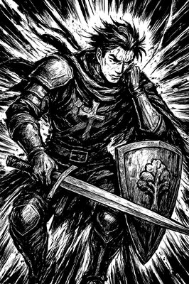 a drawing of a man with a sword and shield