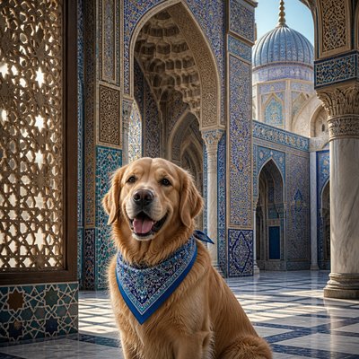 portrait of a golden retriever wearing a blue bandana, warm plain backdrop, no text