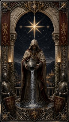 a robed figure pouring water beneath a large eight-pointed star in a night sky, symmetrical composition with an ornate decorative border, no text
