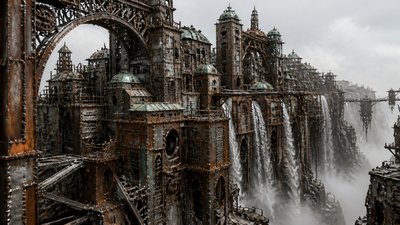 a cliffside city with waterfalls cascading into a misty canyon, wide establishing shot, no people, no text