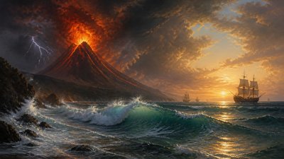 an erupting volcano with lightning strikes, dramatic wide composition, no text