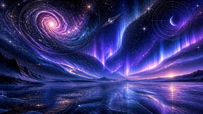 a sweeping aurora over a frozen lake, no people