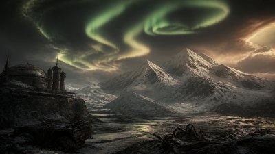 a flowing aurora over snowy peaks, wide sweeping composition, no people, no text
