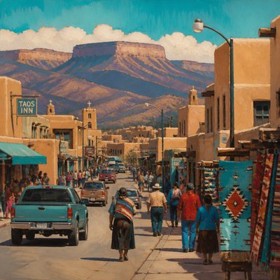 urban street with city activity — Taos Art Style