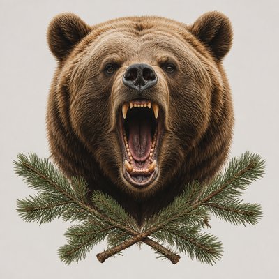a roaring bear head above crossed pine branches, bold graphic composition on a plain background, no text