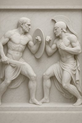 a statue of two men fighting each other