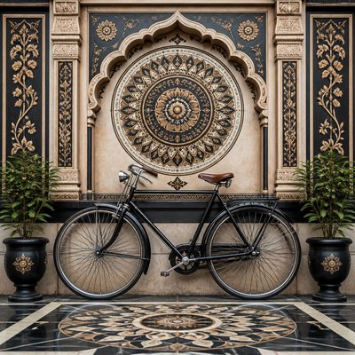 bicyle resting against a wall — Perfect Symmetry Art Style