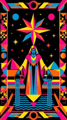 a robed figure pouring water beneath a large eight-pointed star in a night sky, symmetrical composition with an ornate decorative border, no text