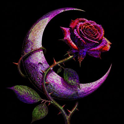 a rose entwined with a crescent moon, clean balanced composition on a plain background, no text