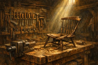 An interior scene, walking into an old woodworker's shop.  I see a workbench in front of me with a woodworker's vise mounted on it.  Several chisels, screwdrivers, mallets, claw hammers, and other such tools are hanging on the wall behind the bench.  A broken Windsor Chair is positioned on the bench ready for repair. Ambient light is low, and beams of light are streaming in from a source above, with motes of dust floating around in them.  Everything is read for work.