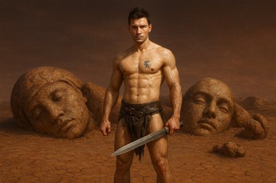 a man standing in a desert holding a knife