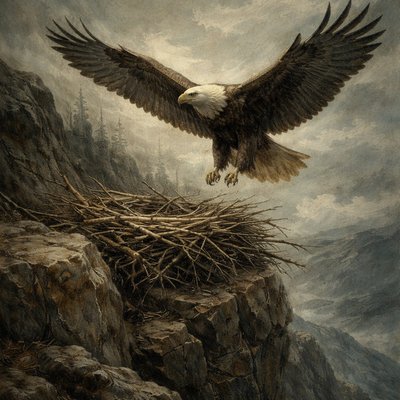 “Doth the eagle mount up at thy command, and make her nest on high? She dwelleth and abideth on the rock, upon the crag of the rock, and the strong place. From thence she seeketh the prey, and her eyes behold afar off.” (Job 39:27-29, KJV) Focus on the eagle mounting up from the nest.

