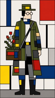 full-body original character: a wandering botanist with a satchel of plants, a patched green cloak, tall boots and round glasses, neutral background