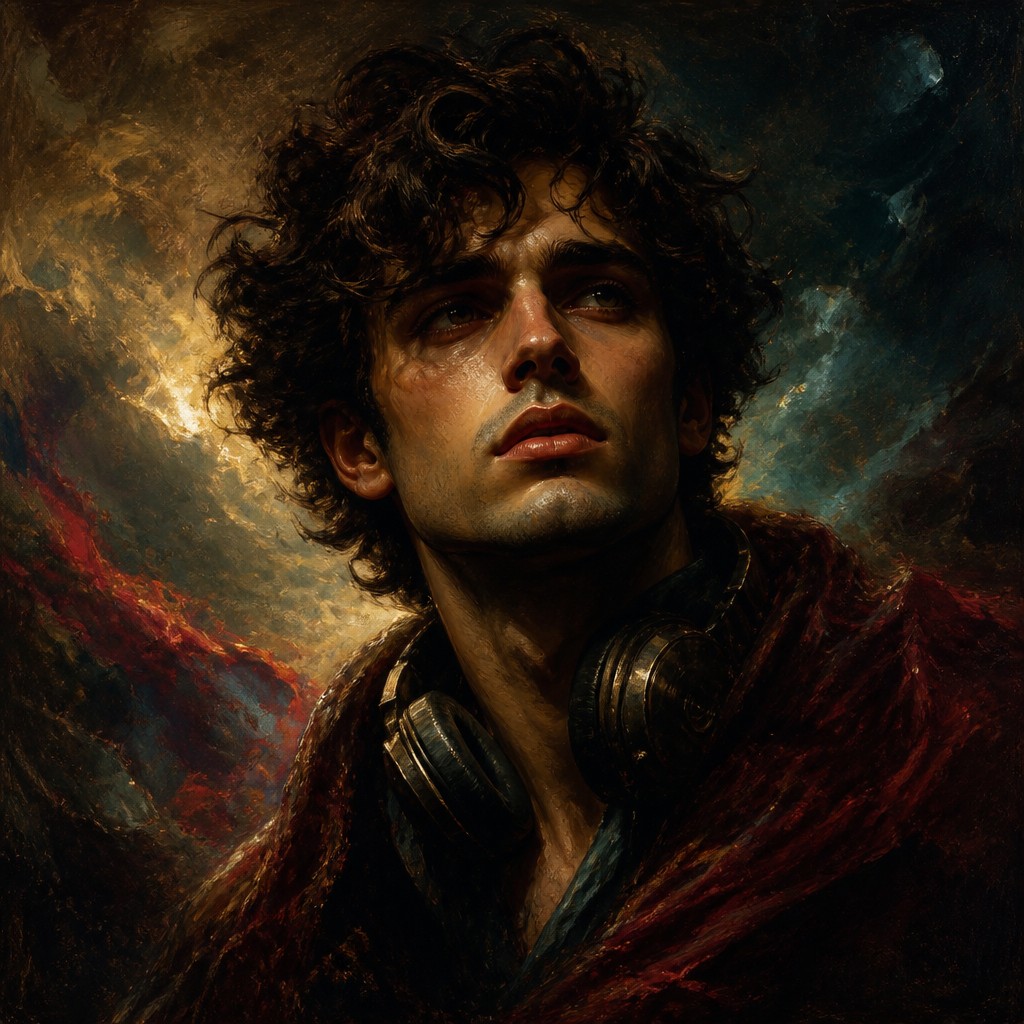 head-and-shoulders portrait of an original character: a young man with curly dark hair and headphones around his neck, plain backdrop, no text