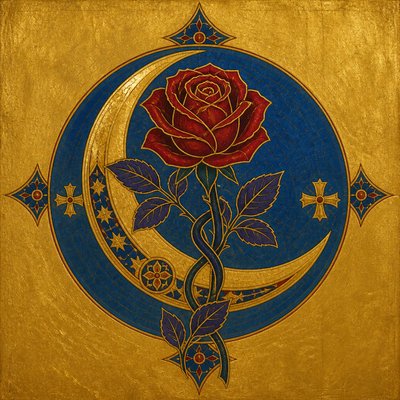 a rose entwined with a crescent moon, clean balanced composition on a plain background, no text
