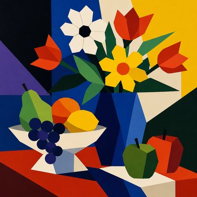 still life arrangement of fruits and flowers