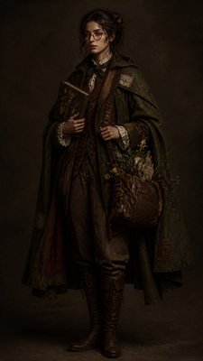 full-body original character: a wandering botanist with a satchel of plants, a patched green cloak, tall boots and round glasses, neutral background