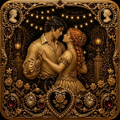 an original couple dancing under string lights in a garden at dusk: a man with short black hair in a linen shirt and a woman with braided red hair in a summer dress