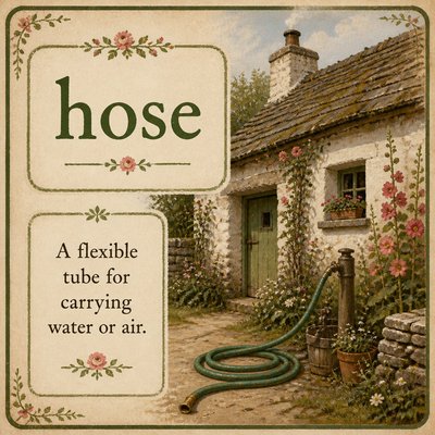 Please create a flashcard for the spelling word: "hose" and it's definition: "A flexible tube for carrying water or air."

