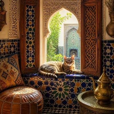 a cat lounging in a sunlit window