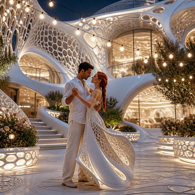 an original couple dancing under string lights in a garden at dusk: a man with short black hair in a linen shirt and a woman with braided red hair in a summer dress