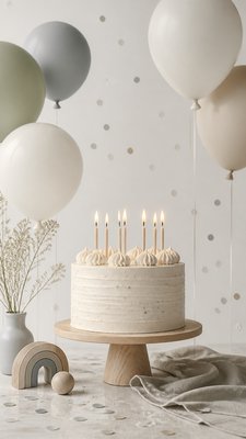 a birthday cake with lit candles surrounded by balloons and confetti, festive vertical composition, no text