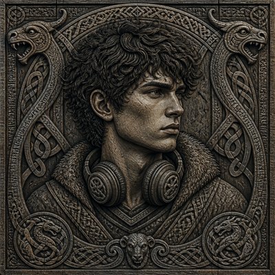 head-and-shoulders portrait of an original character: a young man with curly dark hair and headphones around his neck, plain backdrop, no text